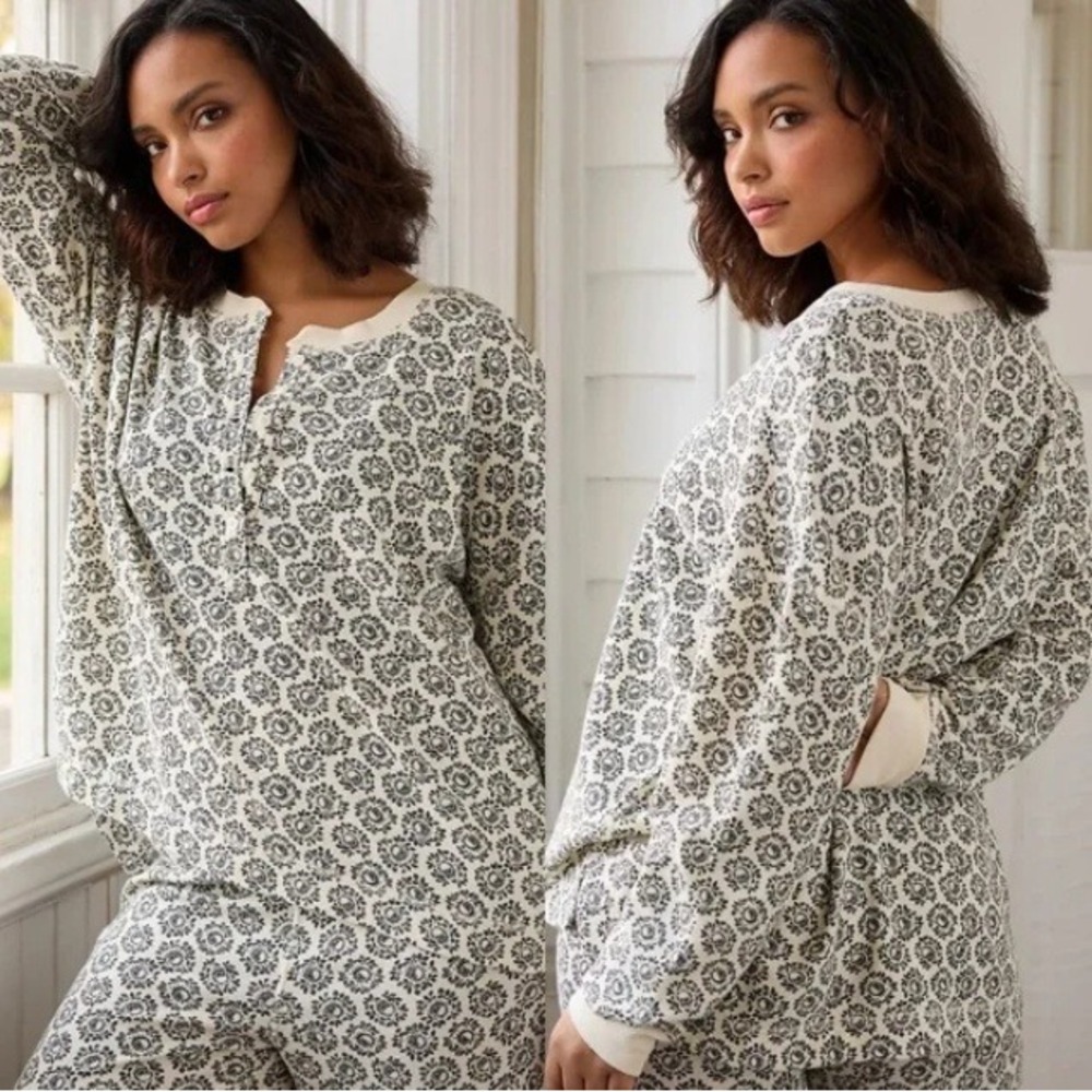By Anthropologie Waffle-Knit Pajama Top Floral Henley Oversized Loungewear S